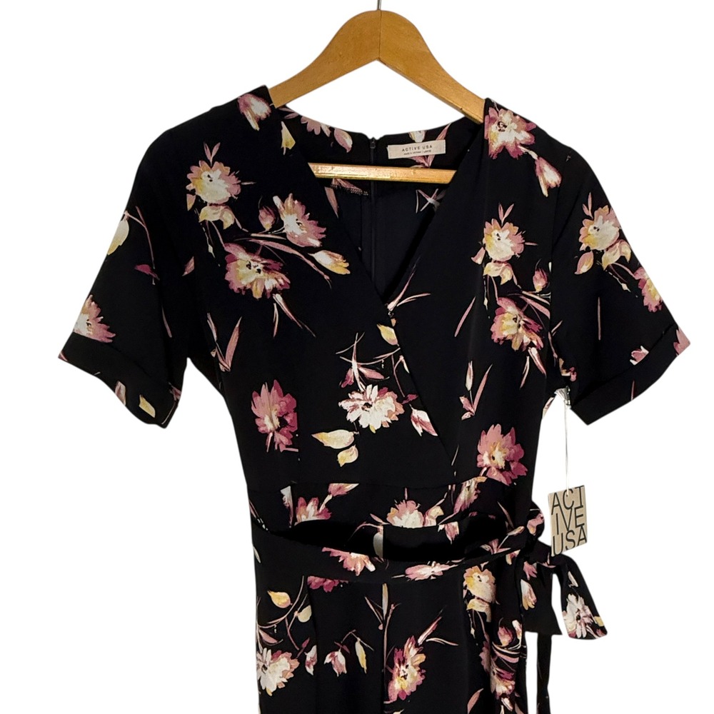Active USA Floral Print Jumpsuit Wide Leg V Neck Black Casual Medium/Large NWT - Picture 5 of 15